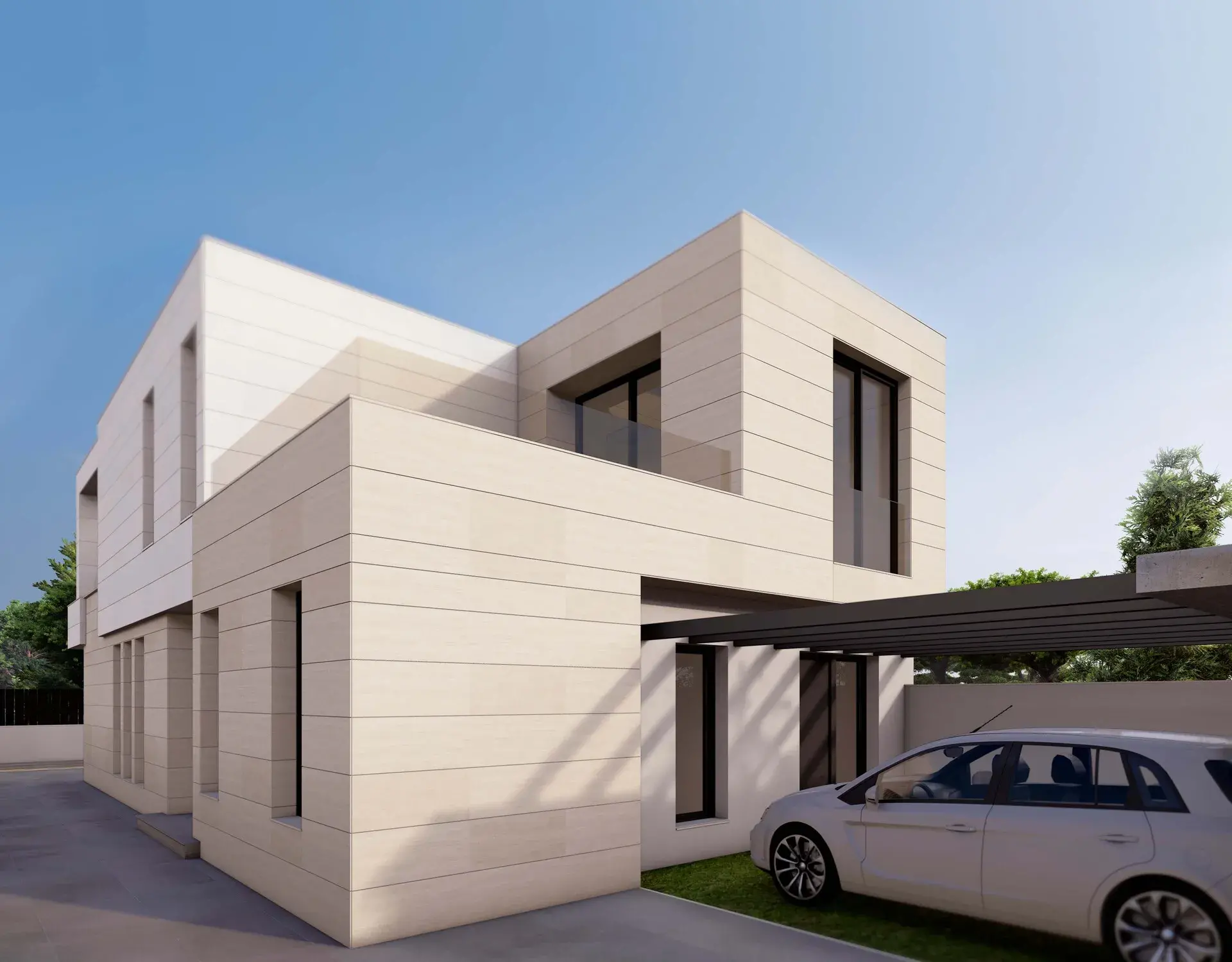Render de la zona de aparcamiento exterior protegida por pérgola metálica con un coche aparcado.