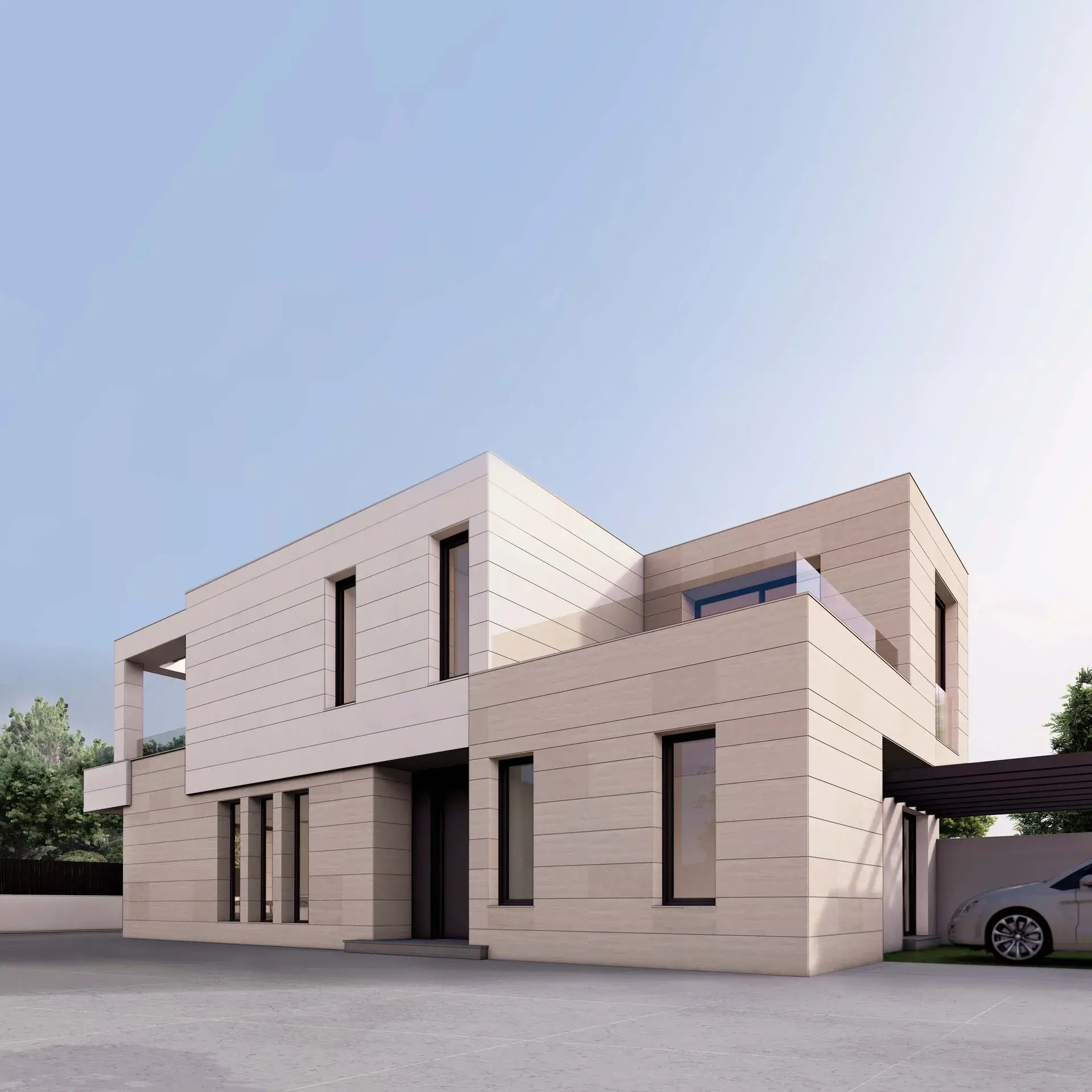 Vista lateral en render que destaca el acabado cerámico en tono arena y el acceso a la pérgola del coche.