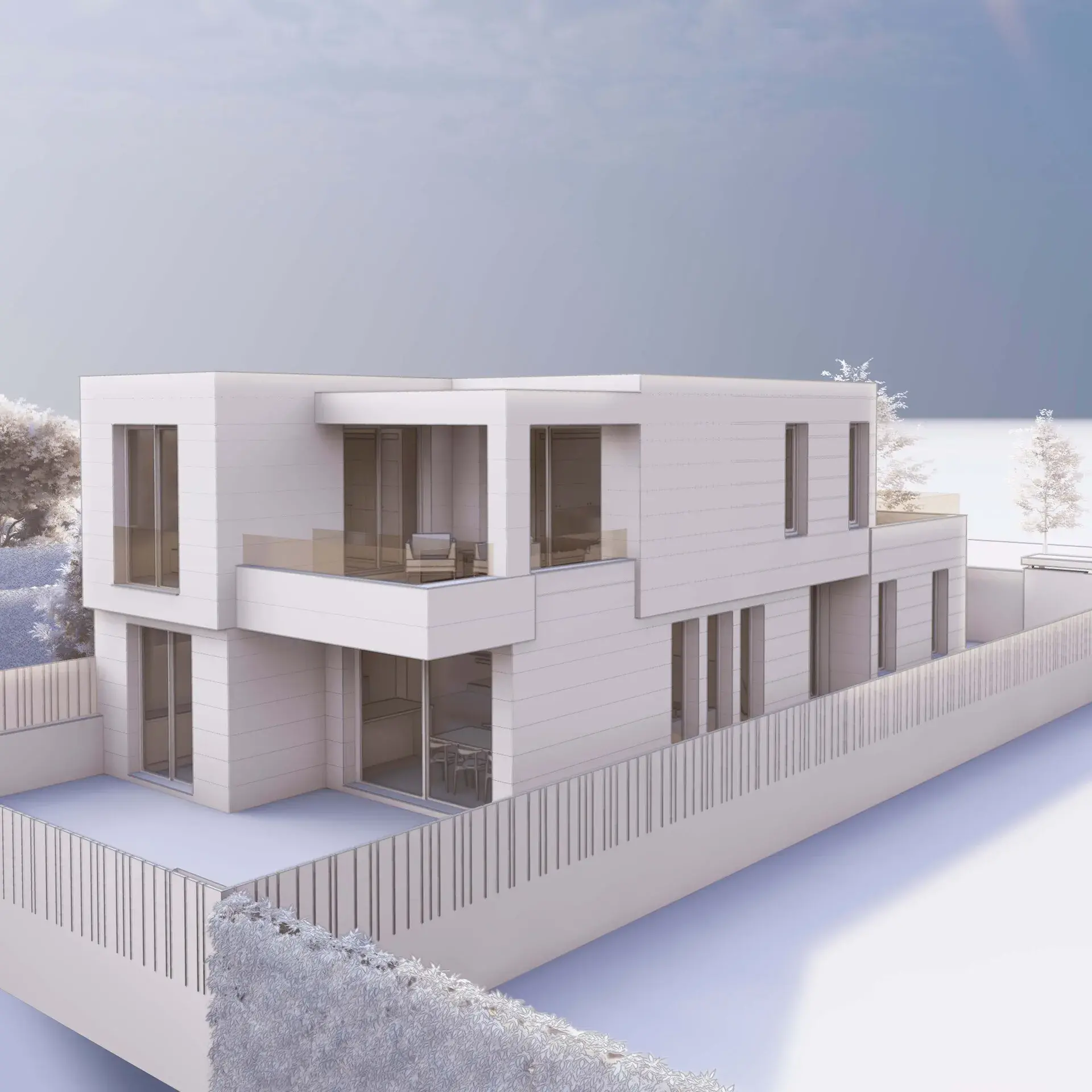 Perspectiva en maqueta 3D blanca que analiza los volúmenes, aberturas y retranqueos de la vivienda.