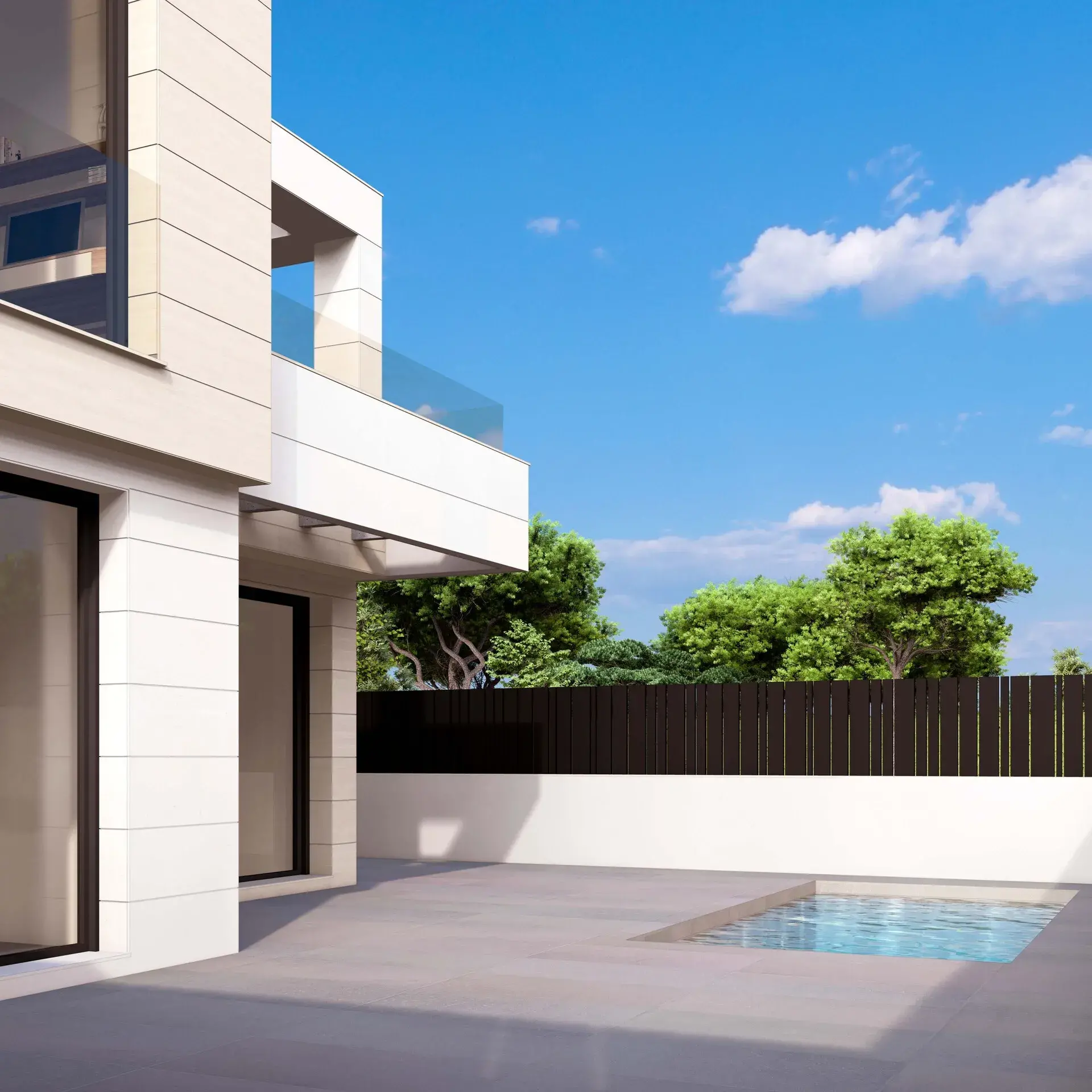Visualización en render de la piscina privada con valla de protección en vidrio templado y zona de terraza.