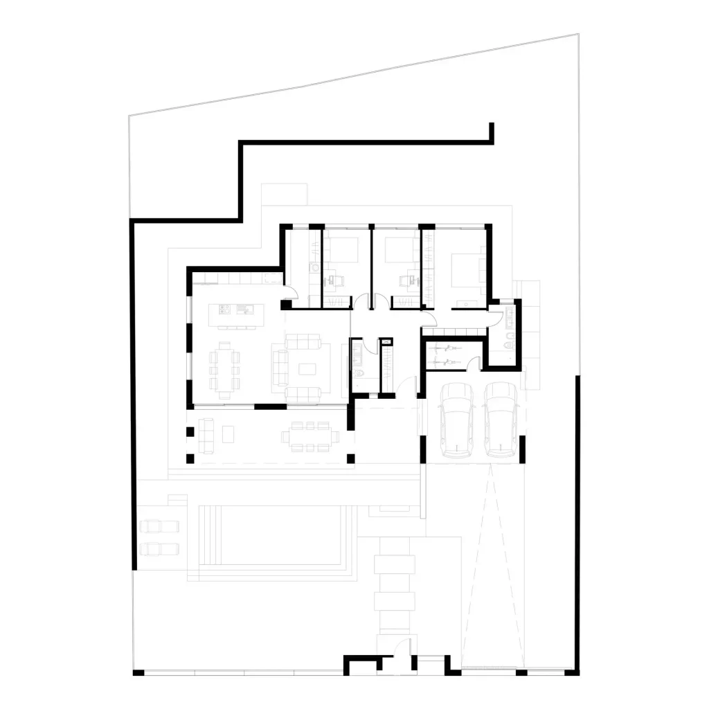 2D technical floor plan showing the layout of rooms, porch and pool at ground floor of Villa RS61 in Marbella.