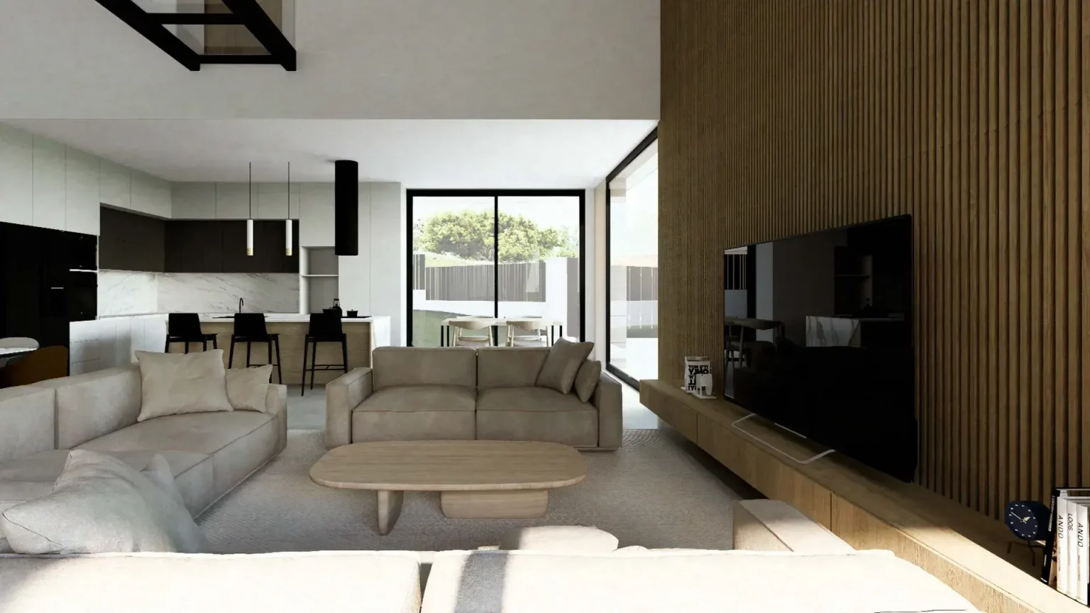 Vista interior del área de estar diáfana con pared principal con panelado de madera y chimenea/televisor.