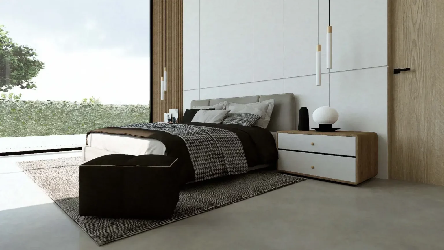 Render de interiorismo del dormitorio principal con cabecero tapizado, panel de madera y baño integrado.