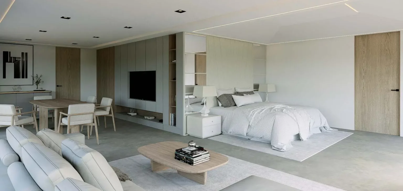 Render del dormitorio principal tipo suite con zona de estar, tonos neutros y vistas despejadas.
