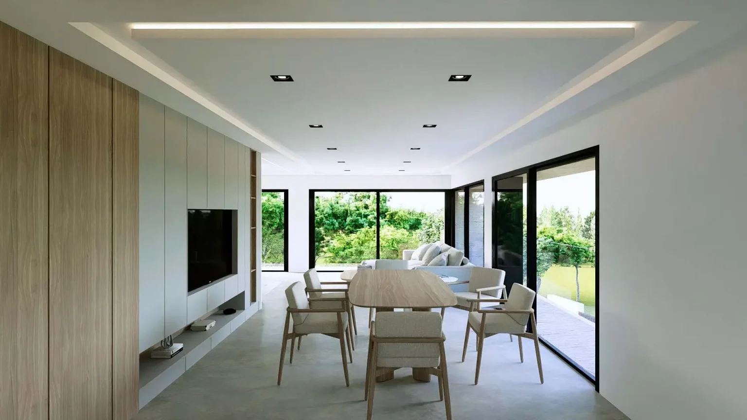 Interiorismo en render de un comedor contemporáneo con iluminación indirecta en foso de techo y grandes cristaleras.