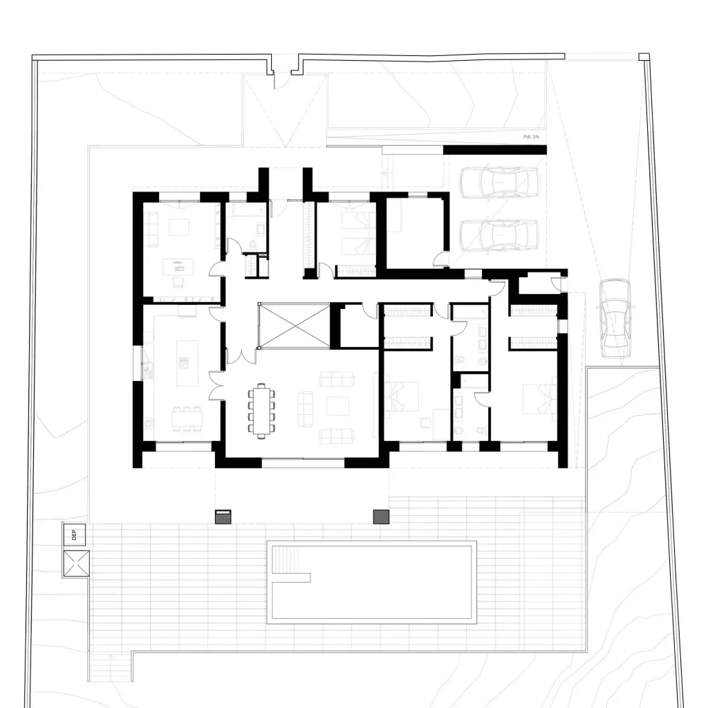 Architectural floor plan showing the complete layout of Villa E82 in Majadahonda.