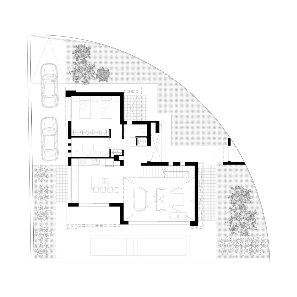 2D architectural floor plan showing the interior layout and site plan at ground floor for House FP9.