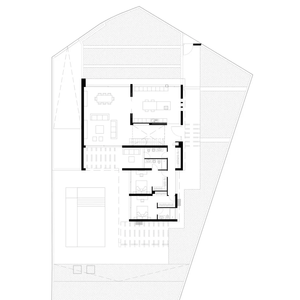 2D architectural floor plan showing the layout of rooms, porch, garden and pool at ground floor of Villa C58.