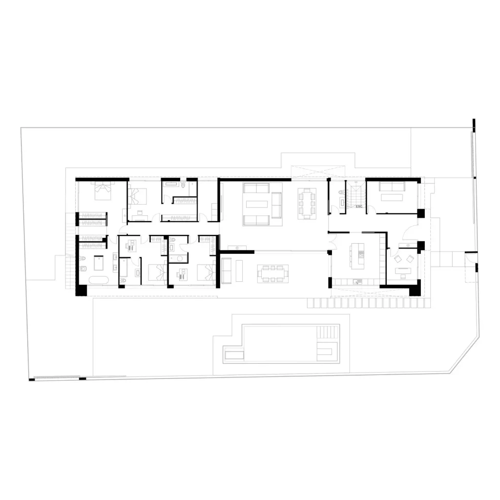 2D architectural floor plan showing the layout of rooms, terrace and pool at ground floor of Villa IL1.
