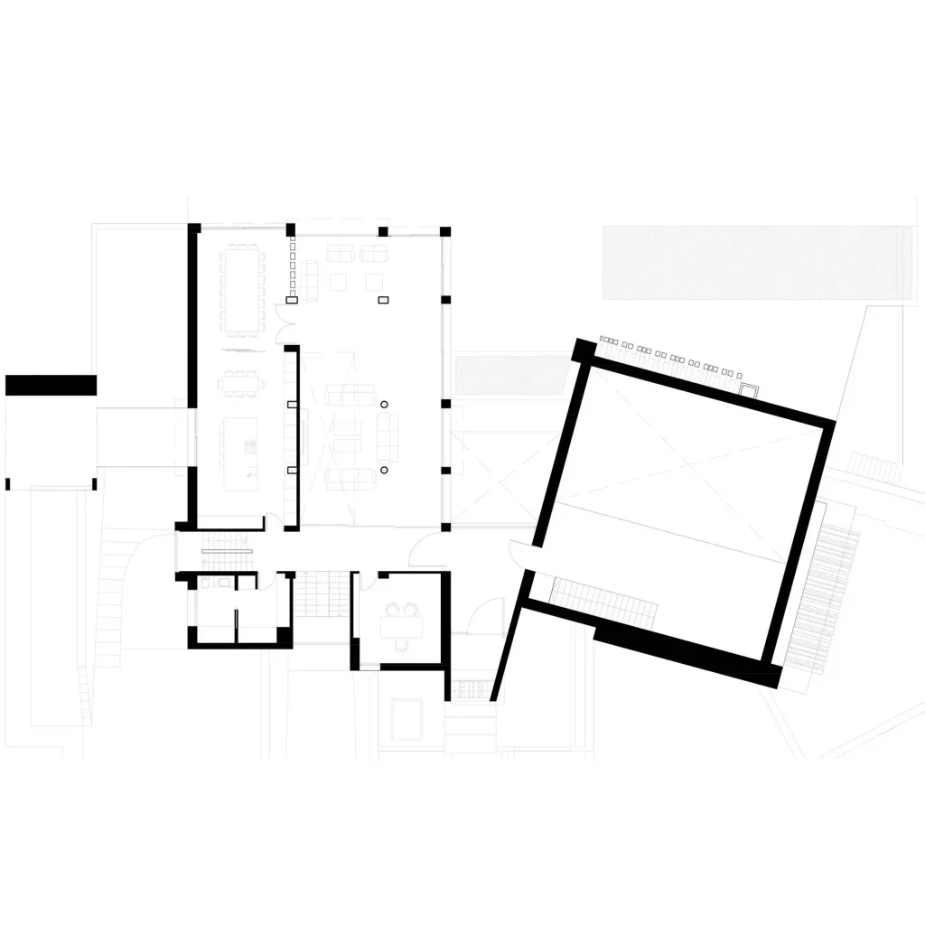 Ground floor plan of Villa R25 in Altea, with the living room and kitchen in one volume and a second volume rotated against it.