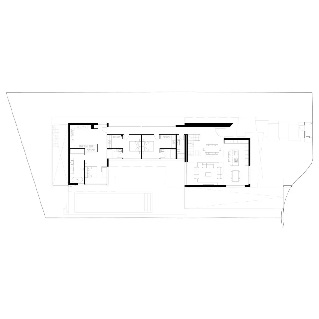 2D architectural floor plan showing the layout of rooms, terrace and pool at ground floor of Villa RA4.