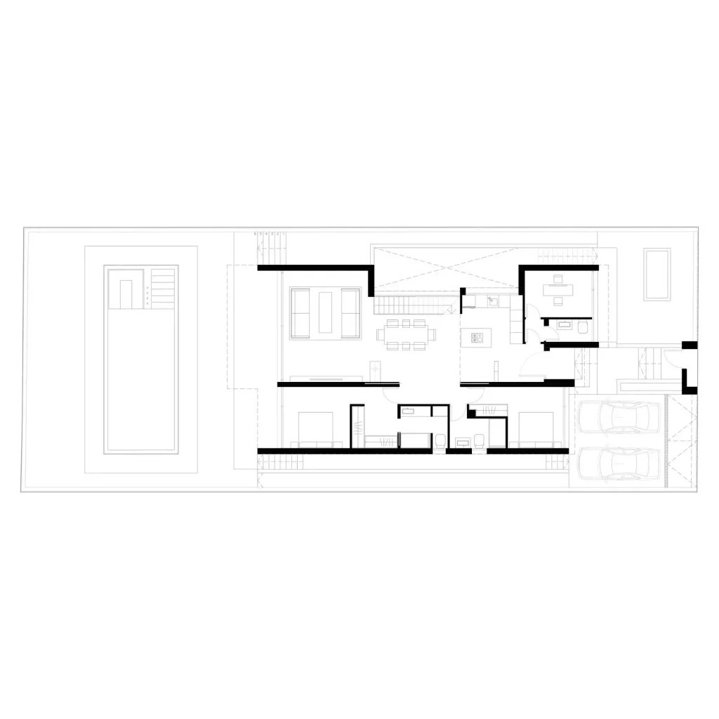 2D architectural floor plan showing the interior layout, terrace and pool at ground floor of Villa RC8.
