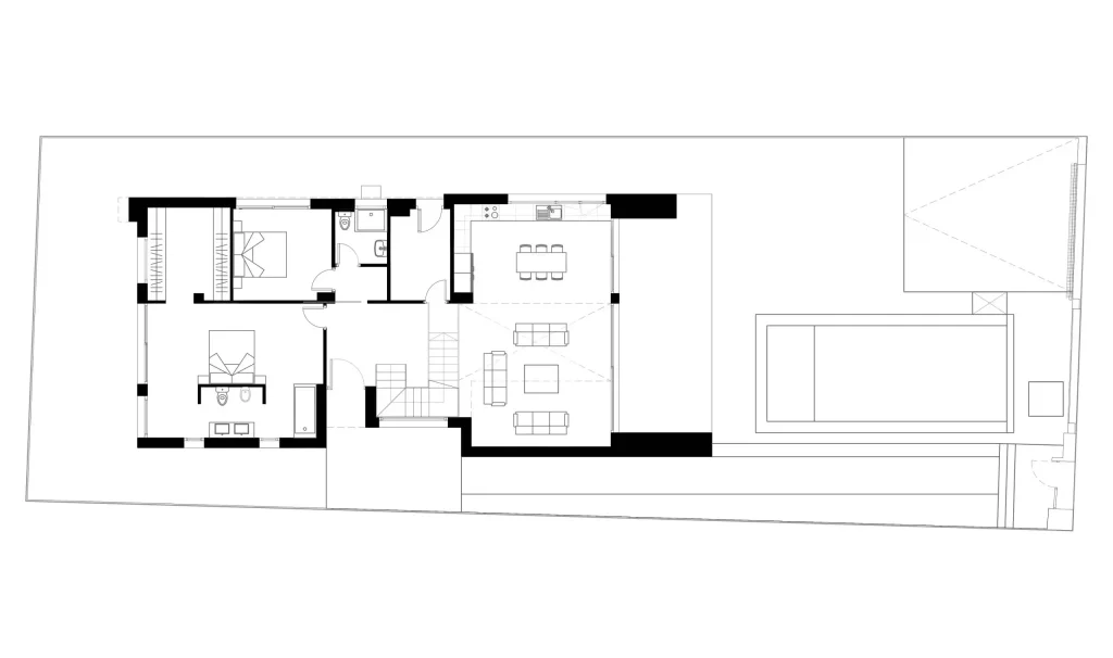 Architectural floor plan of the first floor of Villa V25 in Las Rozas.
