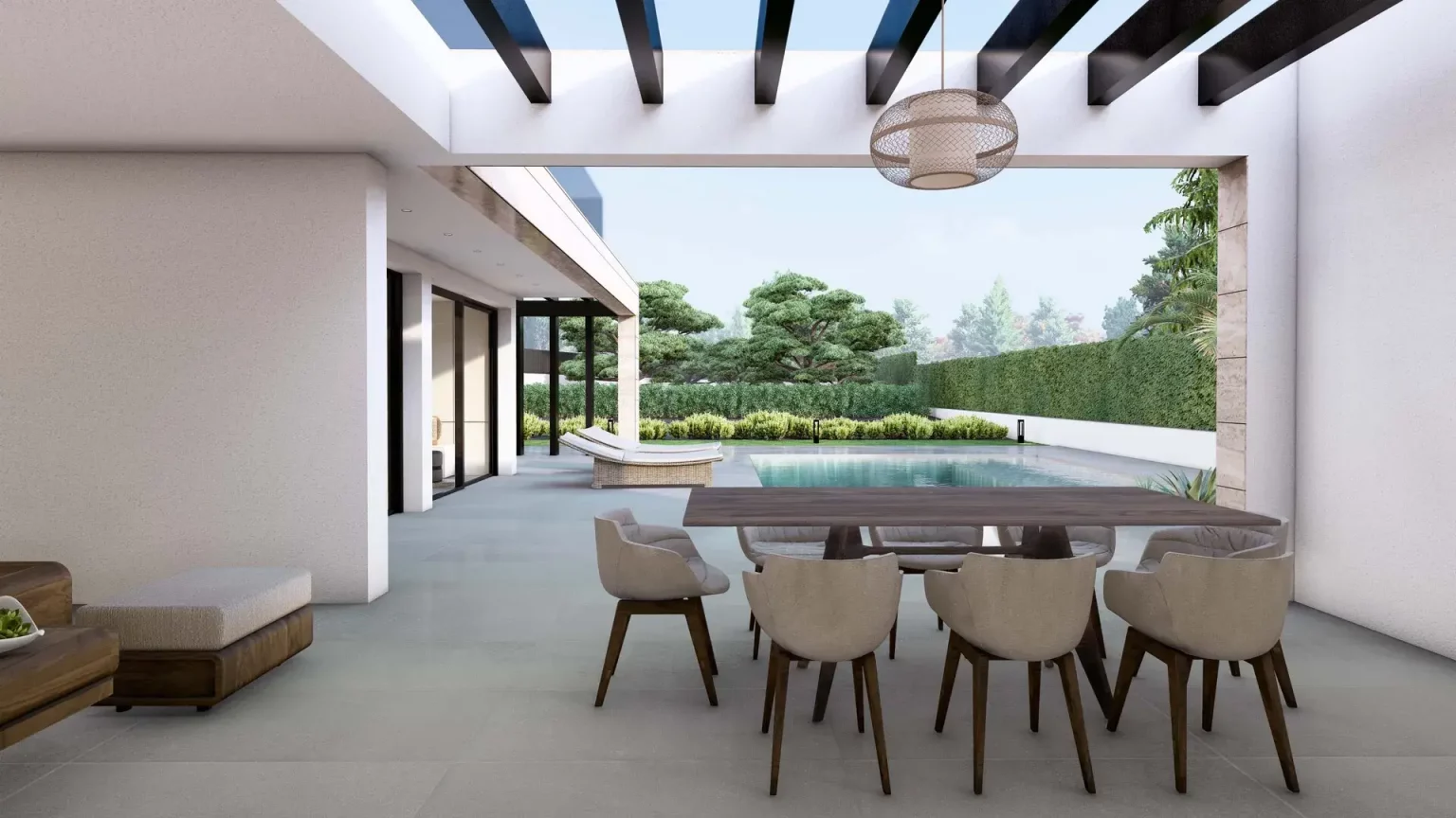 Render del porche cubierto con zona de comedor de exterior y vistas directas hacia el jardín y la piscina.