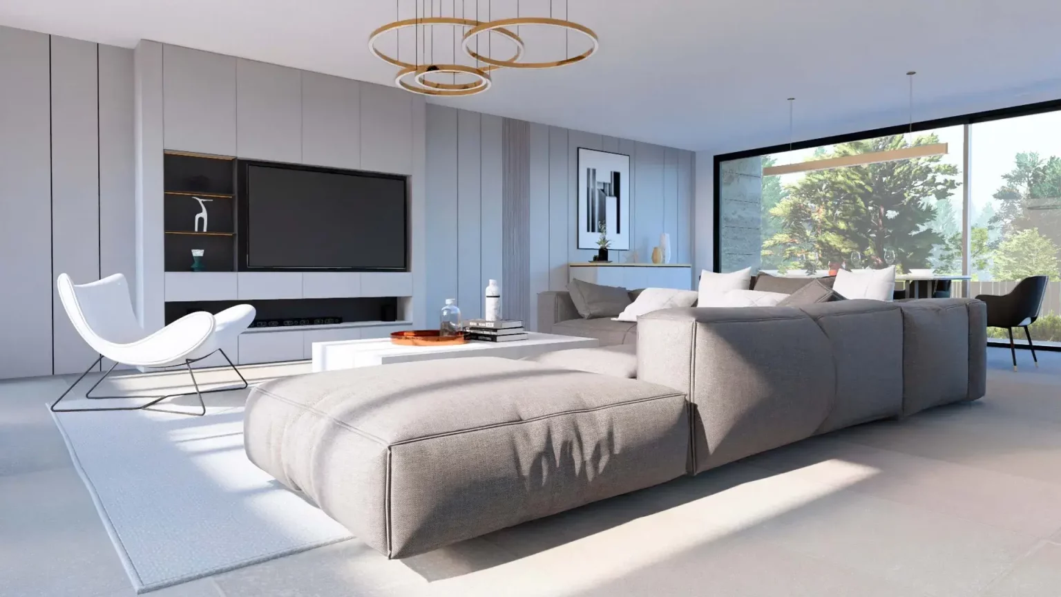 Render de interiorismo de un salón elegante en tonos neutros con gran mueble de televisión y ventanales al exterior.