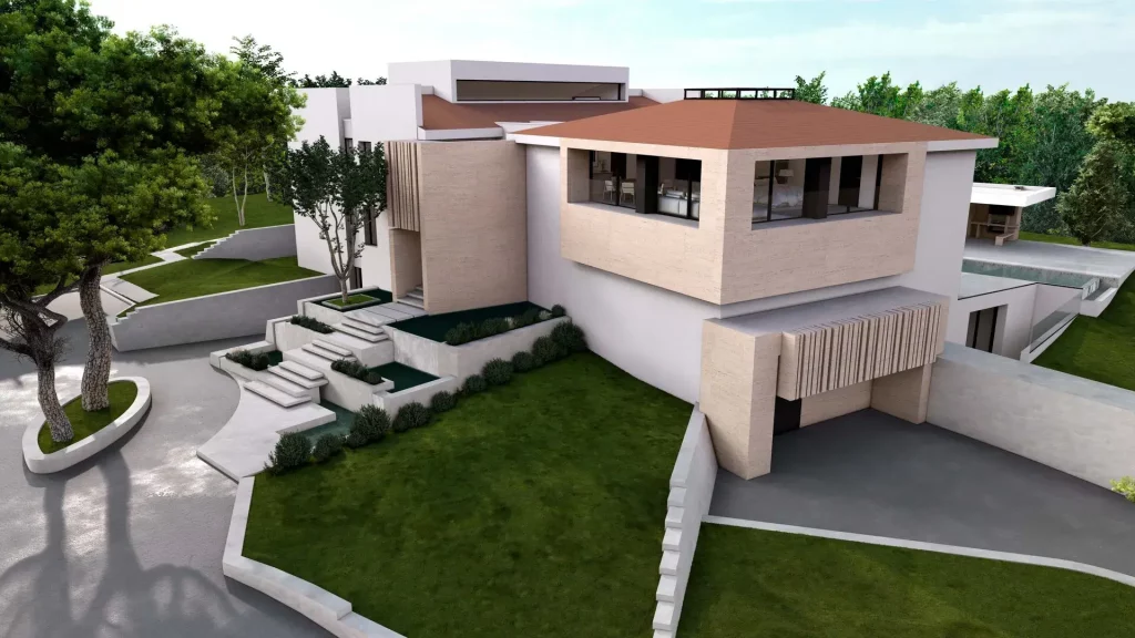 Render 3D de la fachada principal con volúmenes blancos, detalles de madera y cielo azul de una vivienda unifamiliar en Altea.