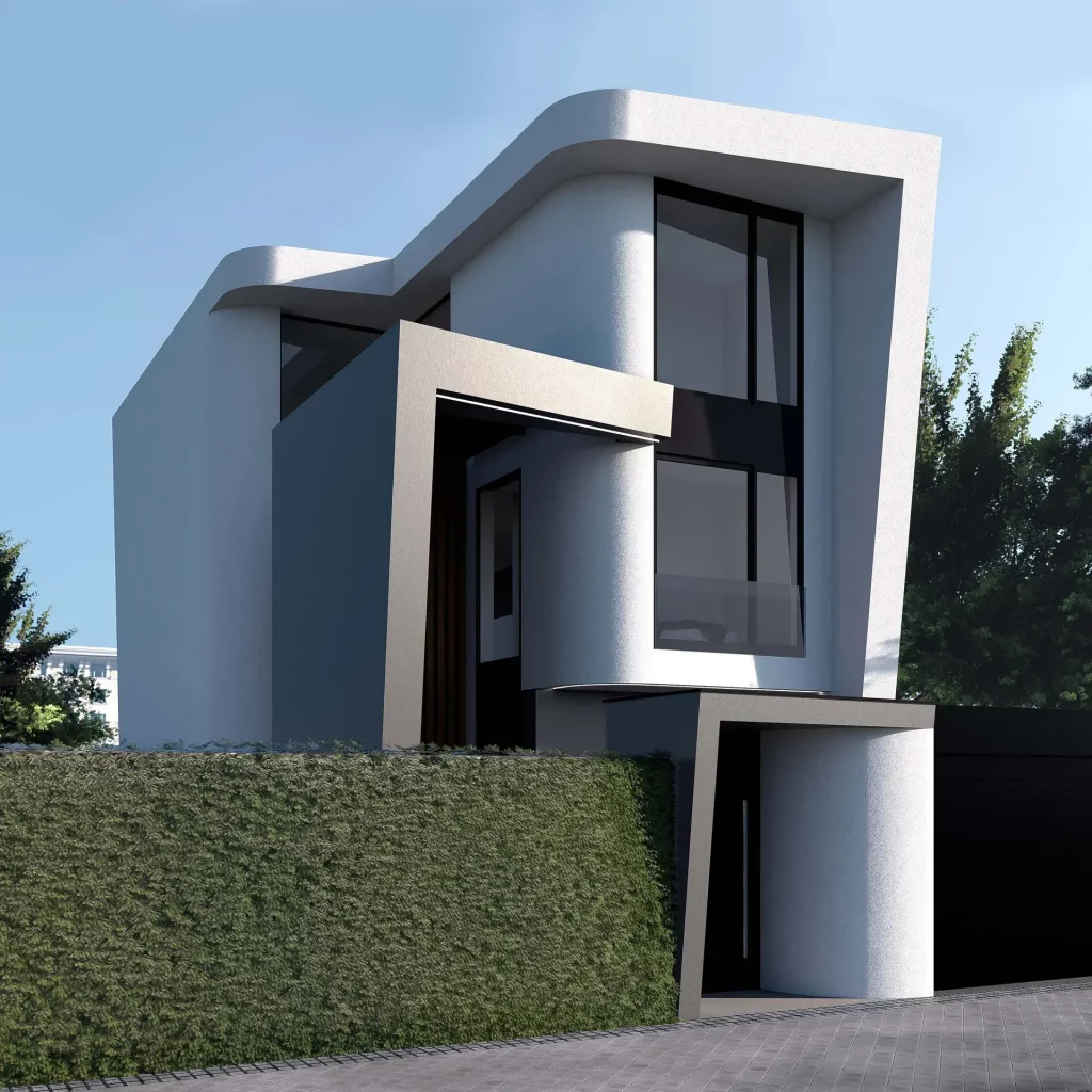 Render 3D de la fachada frontal de una vivienda unifamiliar en Chamartín con voladizo curvo contemporáneo.