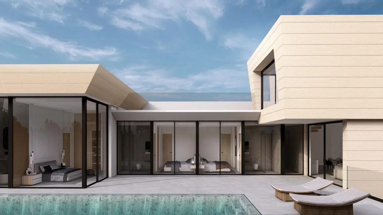 Render a pie de piscina que muestra los ventanales del salón de la vivienda unifamiliar en Fuengirola.