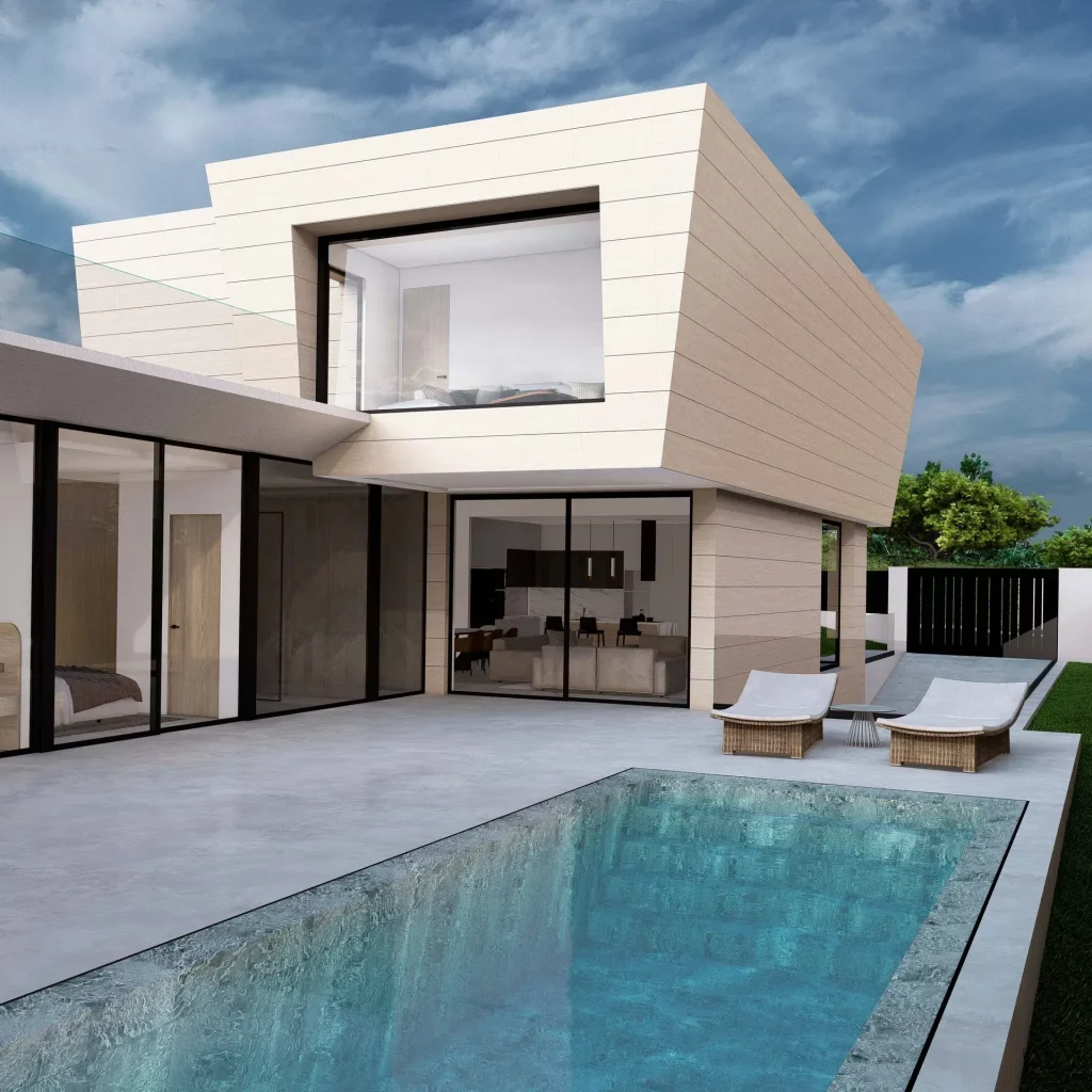Villa RA4, en Fuengirola: el volumen superior vuela sobre el porche y la piscina, con un gran hueco corrido en el dormitorio principal