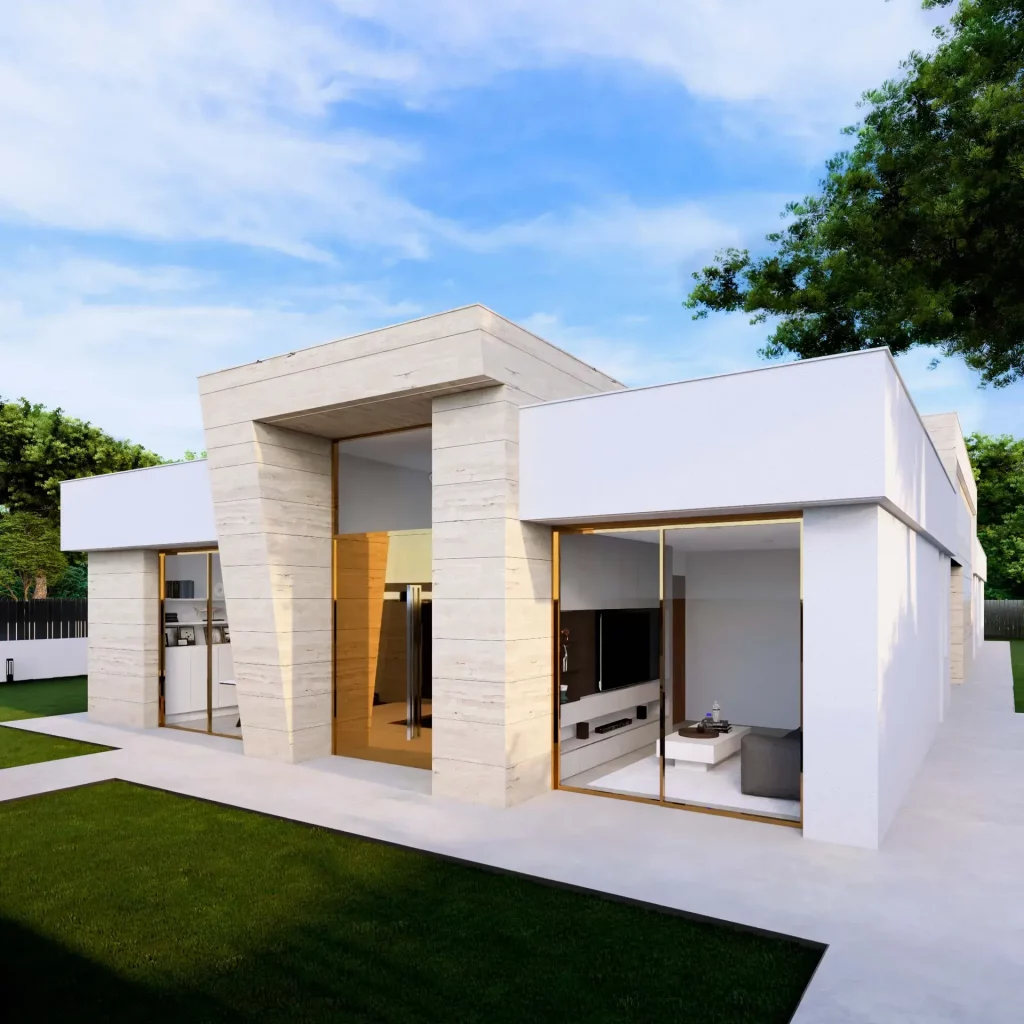 Render 3D de la esquina de fachada de una vivienda unifamiliar en Getafe en una sola planta con grandes ventanales y pérgola.