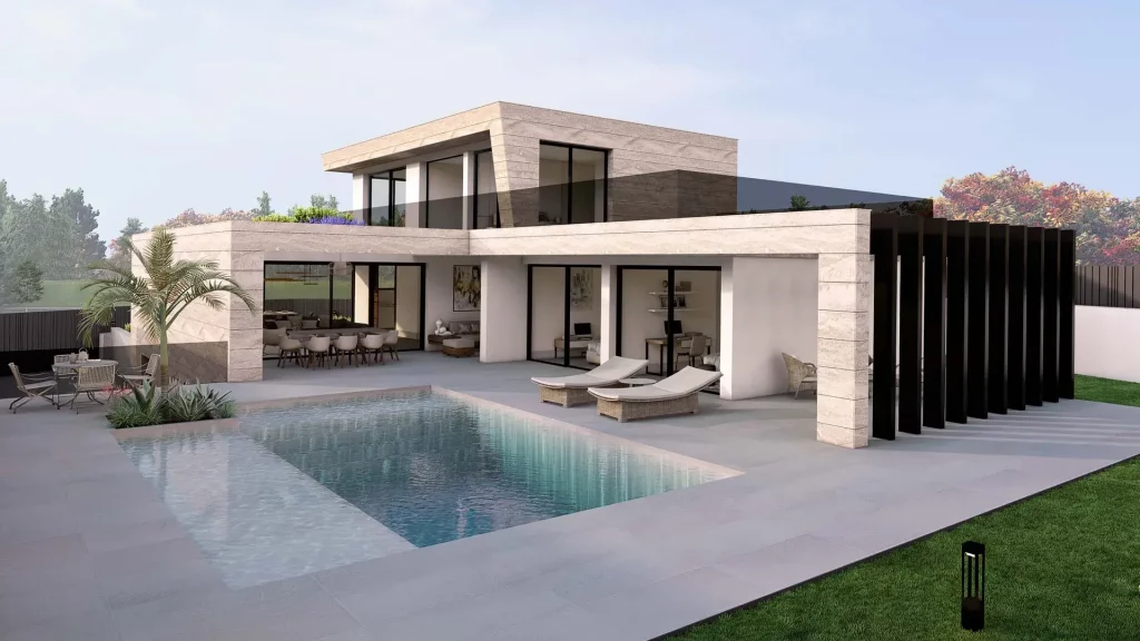Vista de la terraza trasera con la piscina rectangular desbordante, tumbonas y fachada trasera vivienda unifamiliar en ibiza