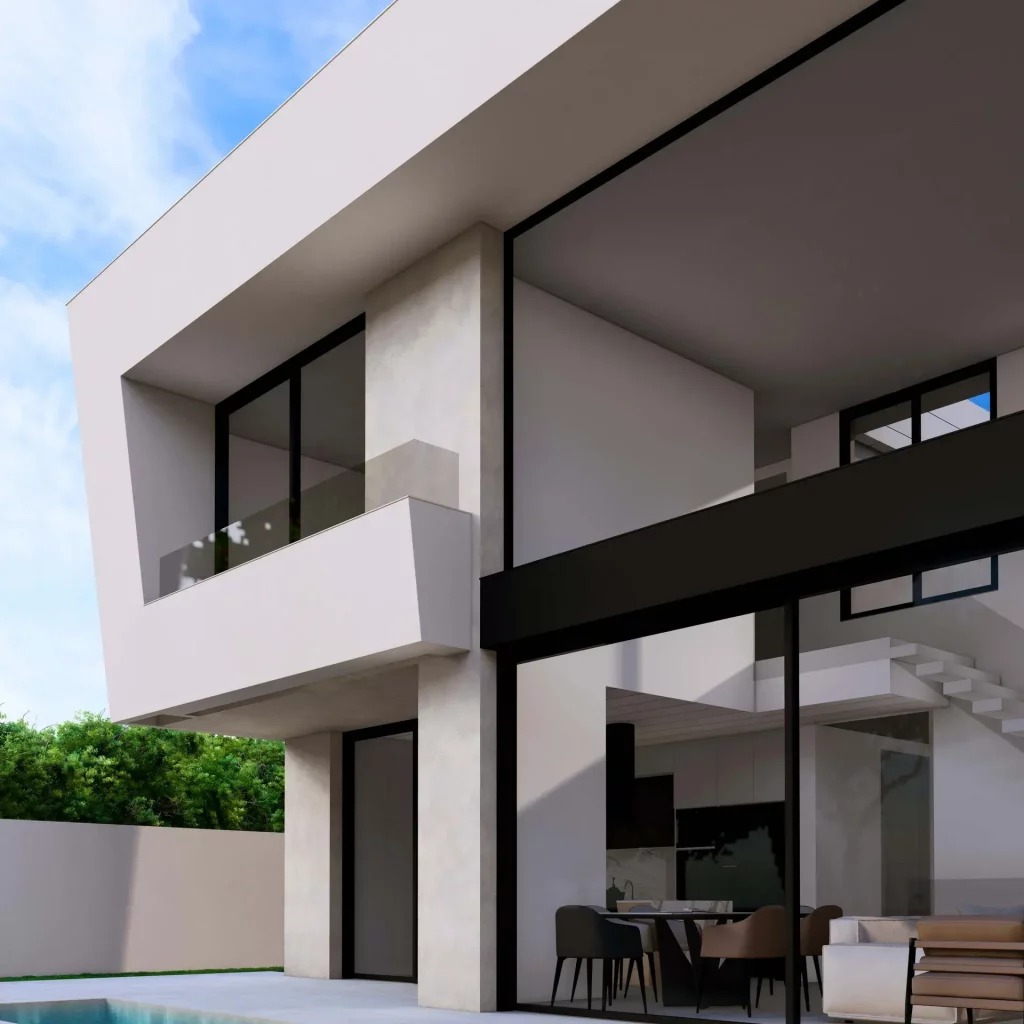 Render del porche trasero y grandes ventanales de doble altura de la vivienda unifamiliar en Málaga.
