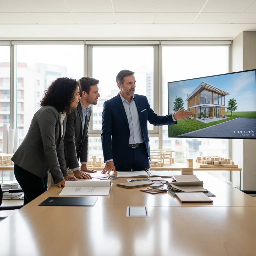 Arquitecto asesorando a una pareja con un modelo 3D, destacando el apoyo experto en el proceso de autopromoción de viviendas.