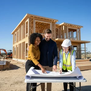 Pareja feliz revisando planos de su futuro hogar en una obra de autopromoción de viviendas, asesorados por un arquitecto, simbolizando el control y la ilusión.