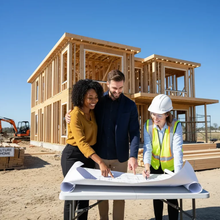 Pareja feliz revisando planos de su futuro hogar en una obra de autopromoción de viviendas, asesorados por un arquitecto, simbolizando el control y la ilusión.