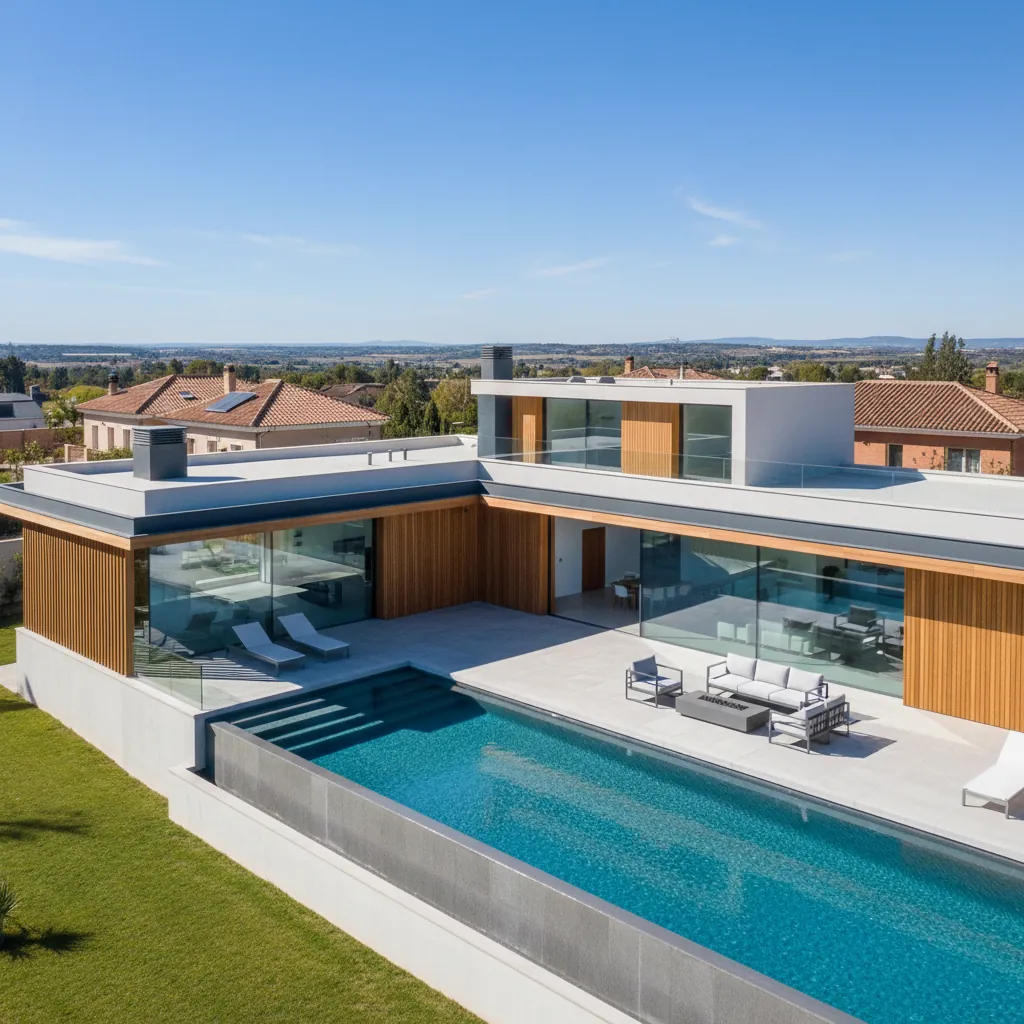 Diseño arquitectónico moderno de una casa con piscina en Madrid, mostrando la perfecta integración del espacio exterior y la comodidad de una piscina privada.
