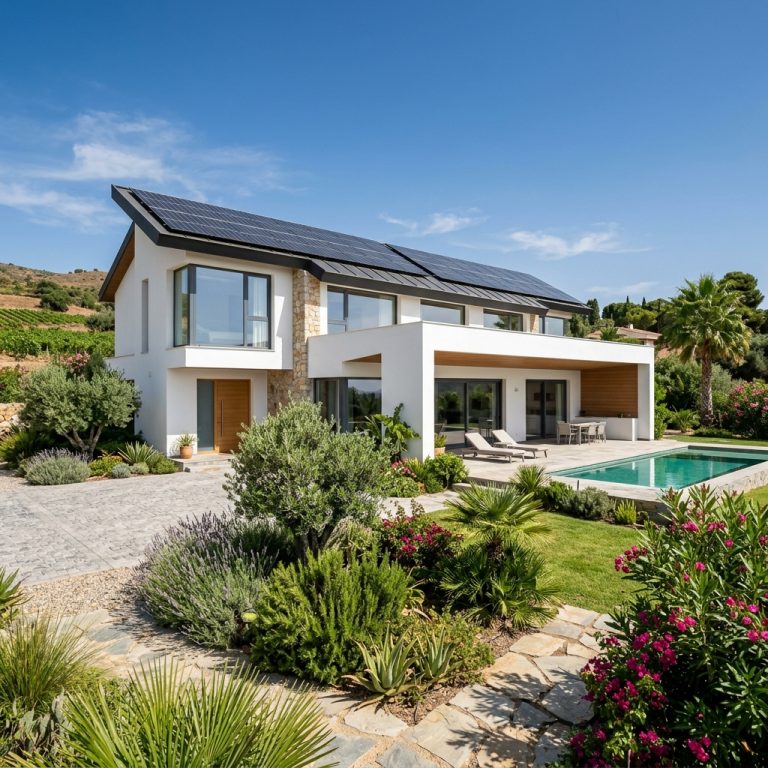 Casa eficiente con paneles solares y ventanas de triple acristalamiento en Espana