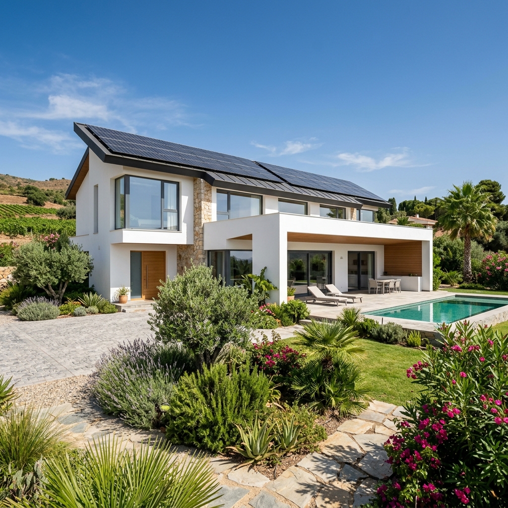 Casa eficiente con paneles solares y ventanas de triple acristalamiento en Espana
