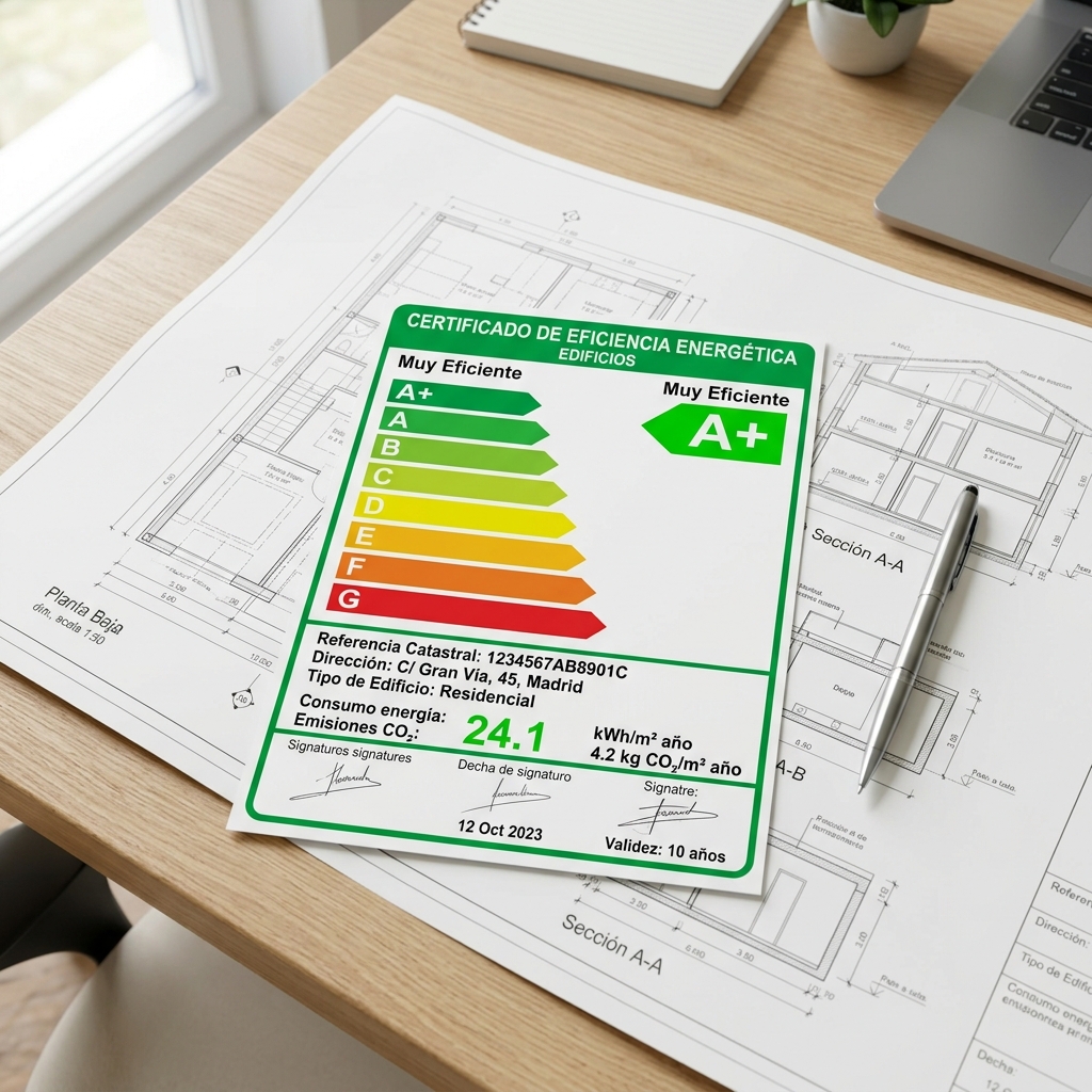 Certificado de eficiencia energética clase A sobre planos arquitectónicos