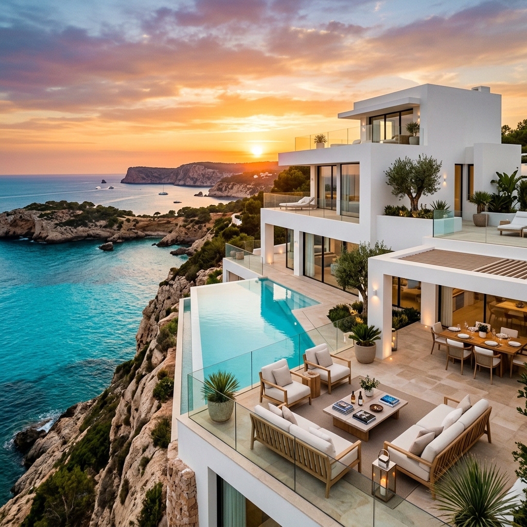 Villa lujosa en Ibiza con terraza sobre acantilado y vistas al Mediterraneo