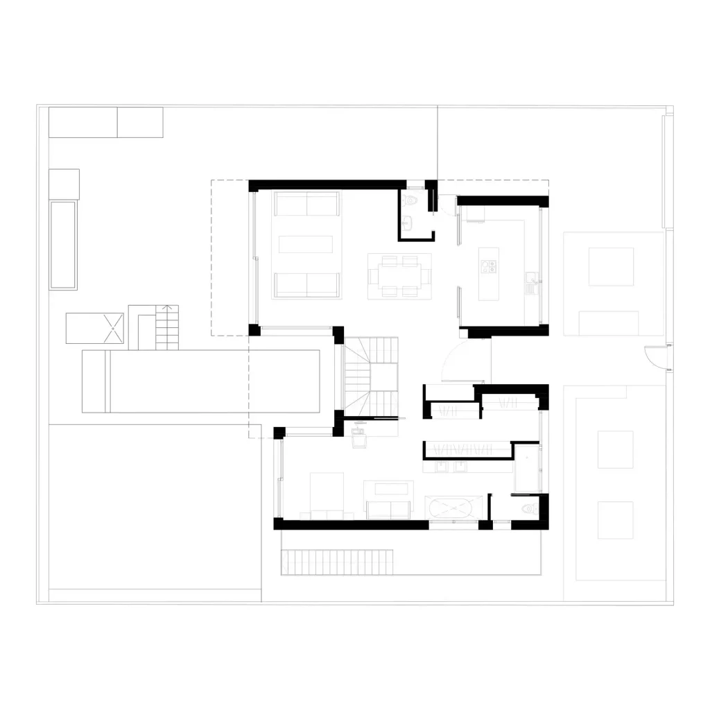 2D technical floor plan showing the layout of rooms and entrances on the ground floor of Villa L01 in Torrelodones.