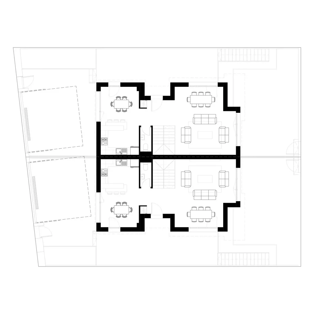 Architectural floor plan of the first floor of the Villas A42 development in Leganés.