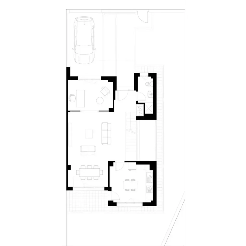2D architectural floor plan showing the layout of rooms, garage and entrances of the Villas CHB in Moncloa-Aravaca.