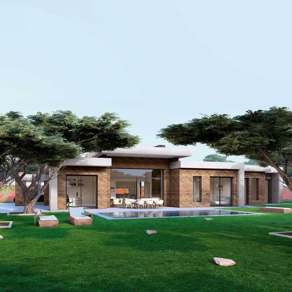Render de la perspectiva exterior de la fachada de la vivienda unifamiliar en Collado Villalba integrada en parcela con césped y árboles.
