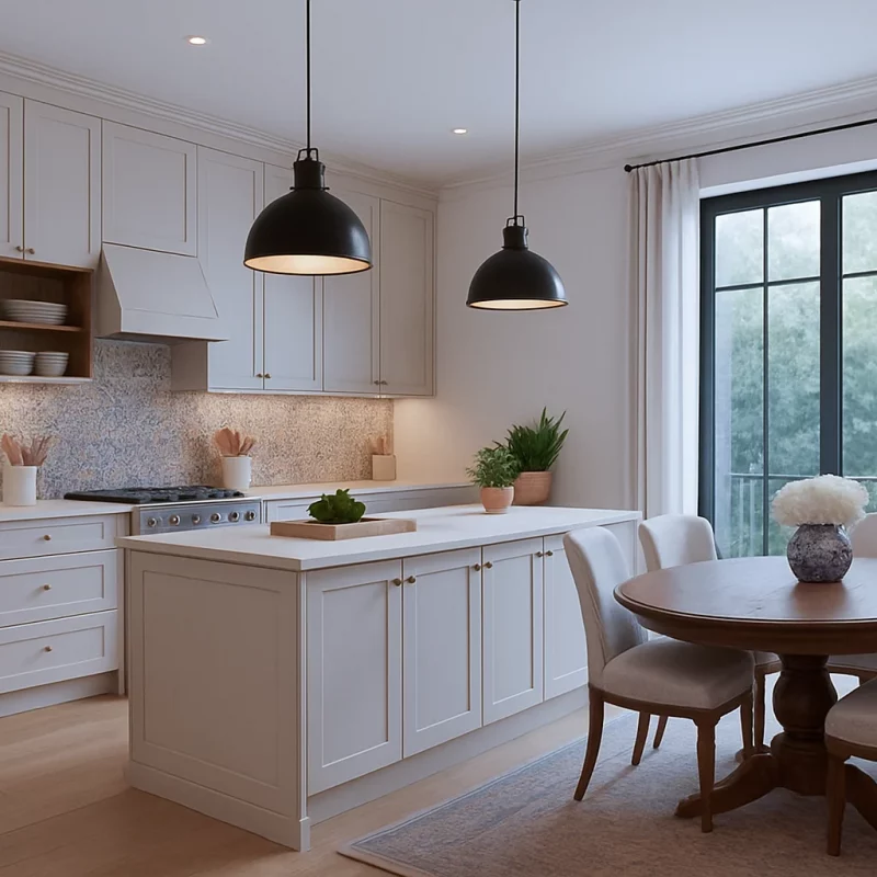 Cocina con isla central, frentes blancos, dos lámparas colgantes negras y mesa redonda de madera junto al ventanal